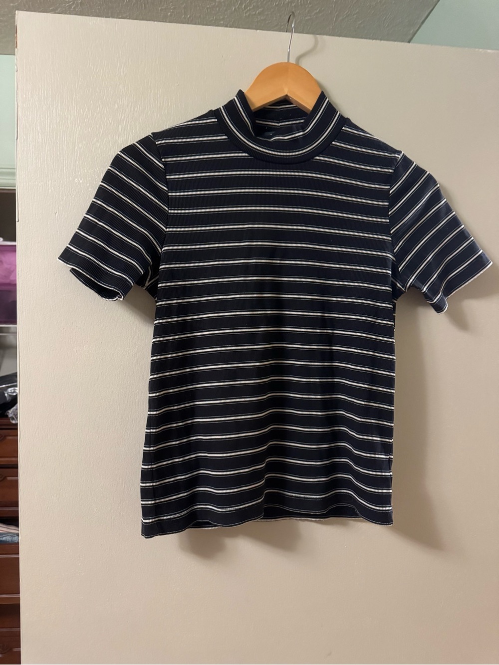 Ralph Lauren Black and White Striped Short-Sleeve Mock Neck Tee